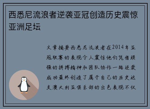 西悉尼流浪者逆袭亚冠创造历史震惊亚洲足坛 西悉尼流浪者逆袭亚冠创造历史震惊亚洲足坛